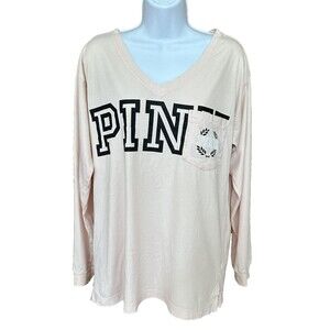 Victoria's Secret Pink Women's Long Sleeve Spell Out Logo V-neck LS Shirt Size S